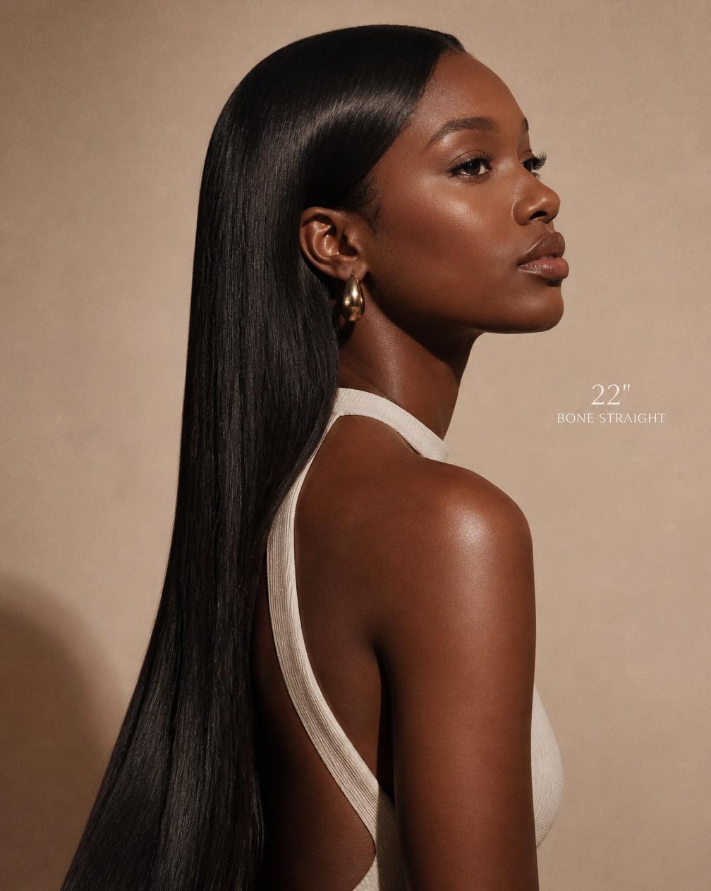 Client in profile wearing long silky straight Neny's hair