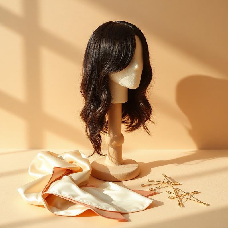 A Neny's wig on a stand beside a silk wrap and gold pins